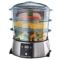 Russell Hobbs (10969) Quartz 3 Tier Steamer - 3 Baskets each with 3L food capacity, Separate rice bowl, Digital display with 120 minute countdown timer